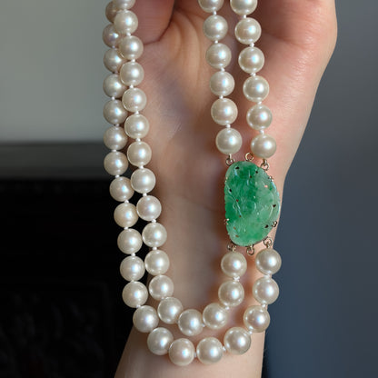 Estate Cultured  Akoya Pearl Double-Strand Necklace with 14kt Gold and Jadeite Clasp