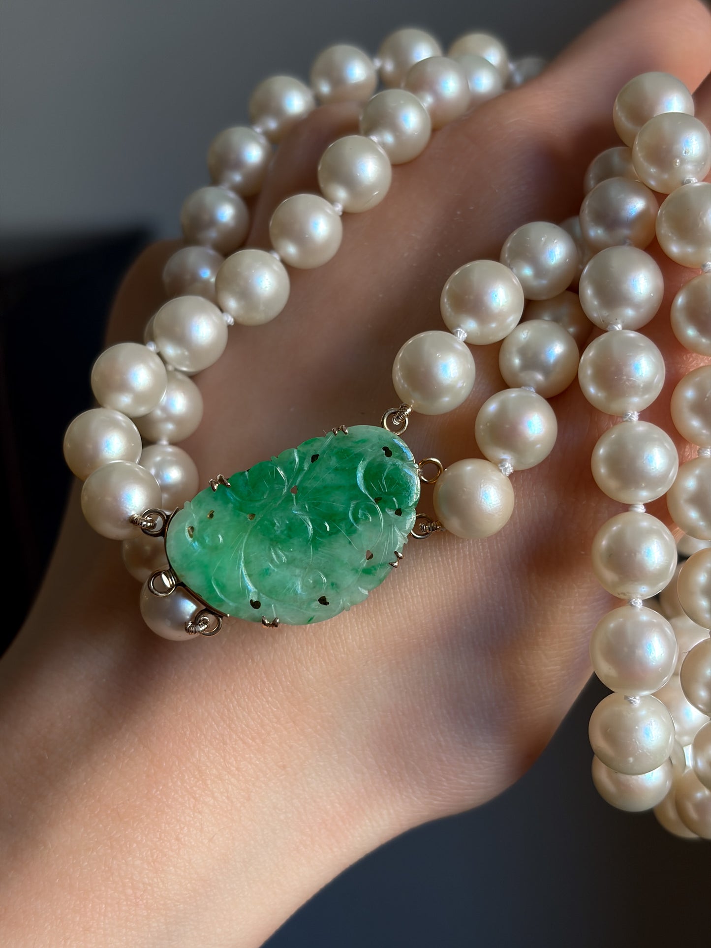Estate Cultured  Akoya Pearl Double-Strand Necklace with 14kt Gold and Jadeite Clasp