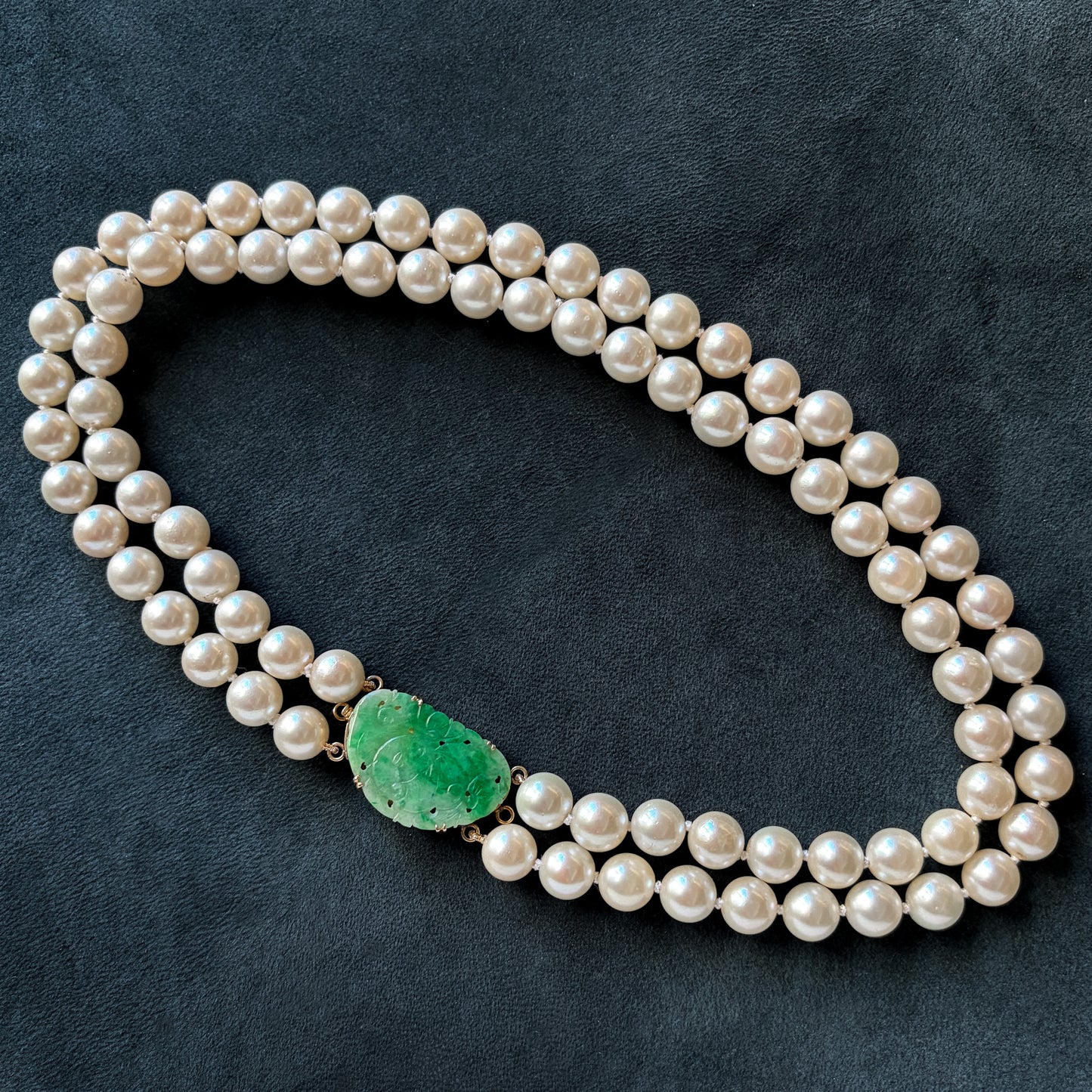 Estate Cultured  Akoya Pearl Double-Strand Necklace with 14kt Gold and Jadeite Clasp