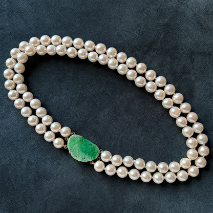Estate Cultured  Akoya Pearl Double-Strand Necklace with 14kt Gold and Jadeite Clasp