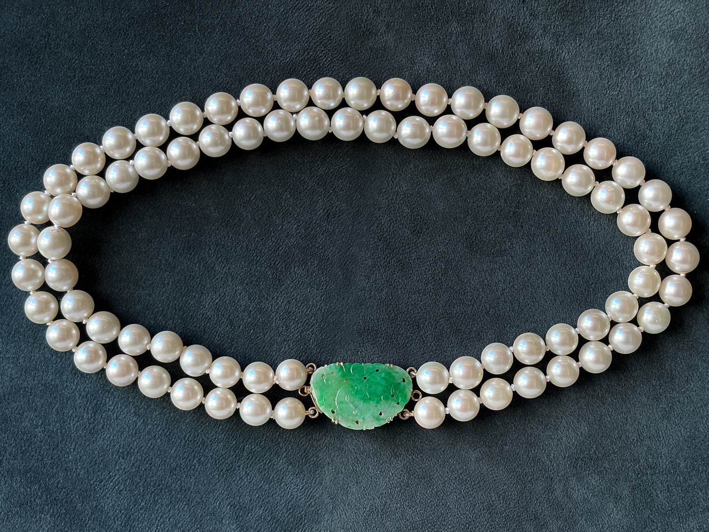 Estate Cultured  Akoya Pearl Double-Strand Necklace with 14kt Gold and Jadeite Clasp