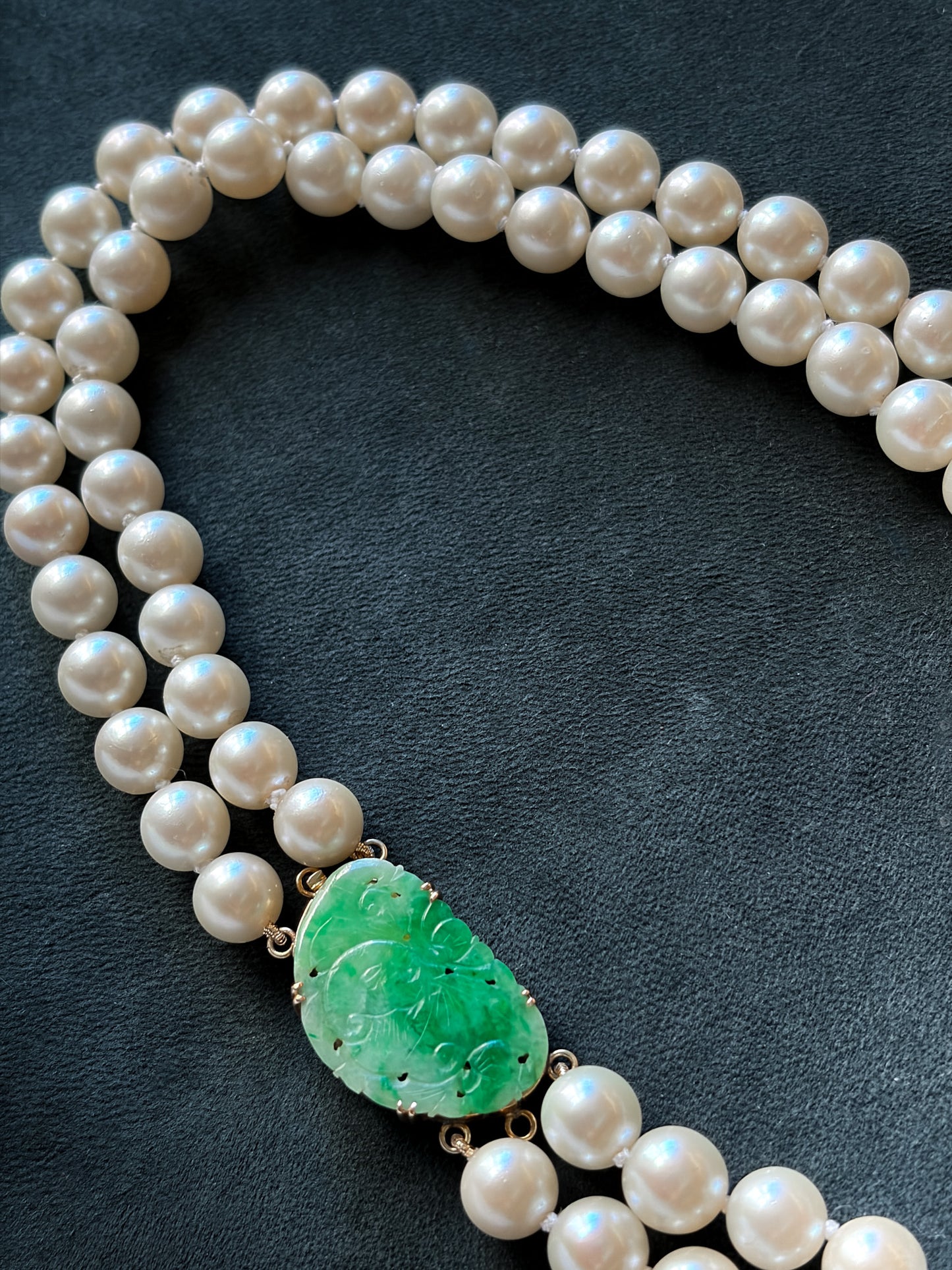 Estate Cultured  Akoya Pearl Double-Strand Necklace with 14kt Gold and Jadeite Clasp