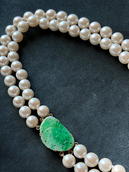 Estate Cultured  Akoya Pearl Double-Strand Necklace with 14kt Gold and Jadeite Clasp