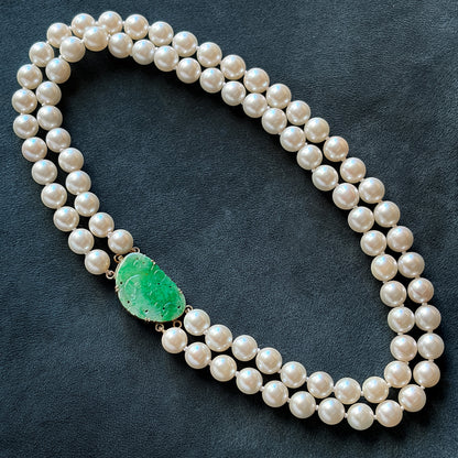 Estate Cultured  Akoya Pearl Double-Strand Necklace with 14kt Gold and Jadeite Clasp