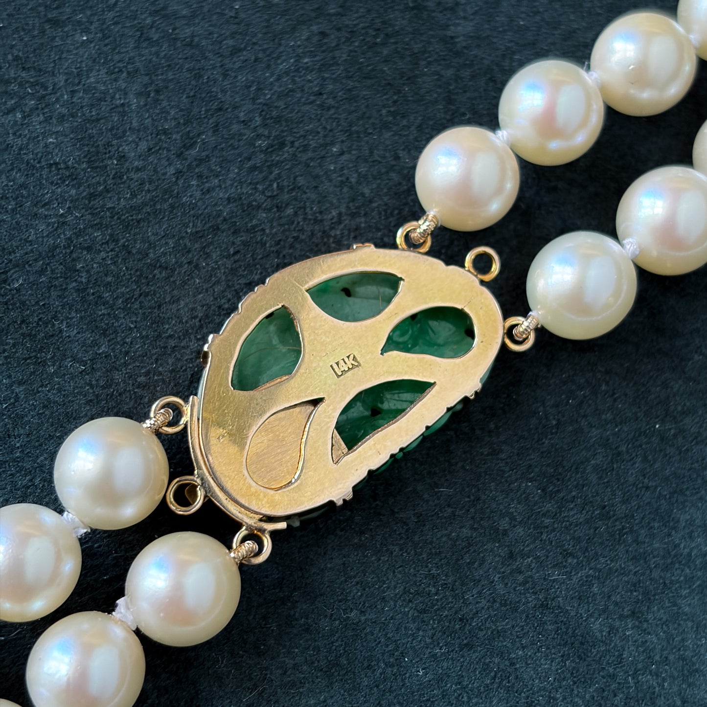 Estate Cultured  Akoya Pearl Double-Strand Necklace with 14kt Gold and Jadeite Clasp