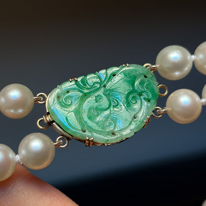 Estate Cultured  Akoya Pearl Double-Strand Necklace with 14kt Gold and Jadeite Clasp