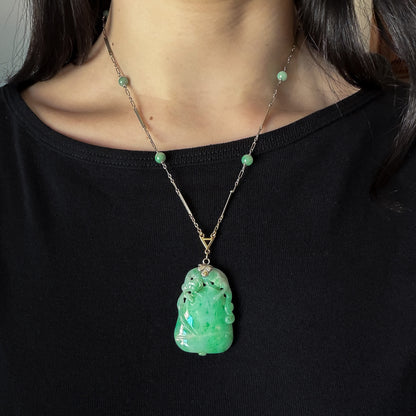 Estate Large Elongated Jadeite Pendant Necklace with Satellite Jadeite Ball 14kt Gold Chain