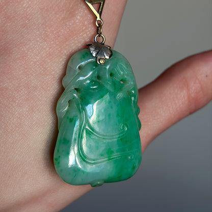 Estate Large Elongated Jadeite Pendant Necklace with Satellite Jadeite Ball 14kt Gold Chain