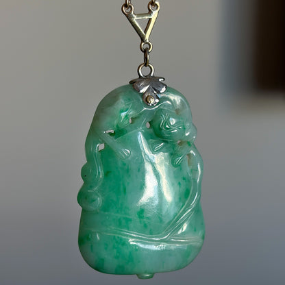 Estate Large Elongated Jadeite Pendant Necklace with Satellite Jadeite Ball 14kt Gold Chain