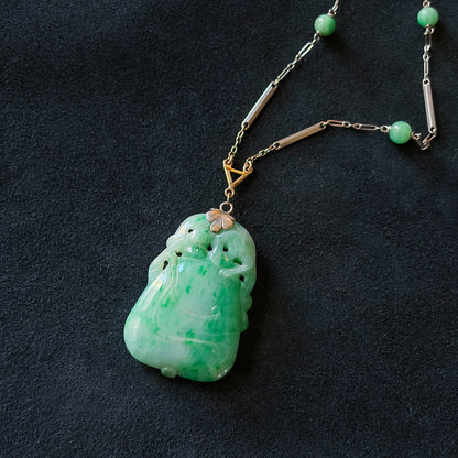 Estate Large Elongated Jadeite Pendant Necklace with Satellite Jadeite Ball 14kt Gold Chain