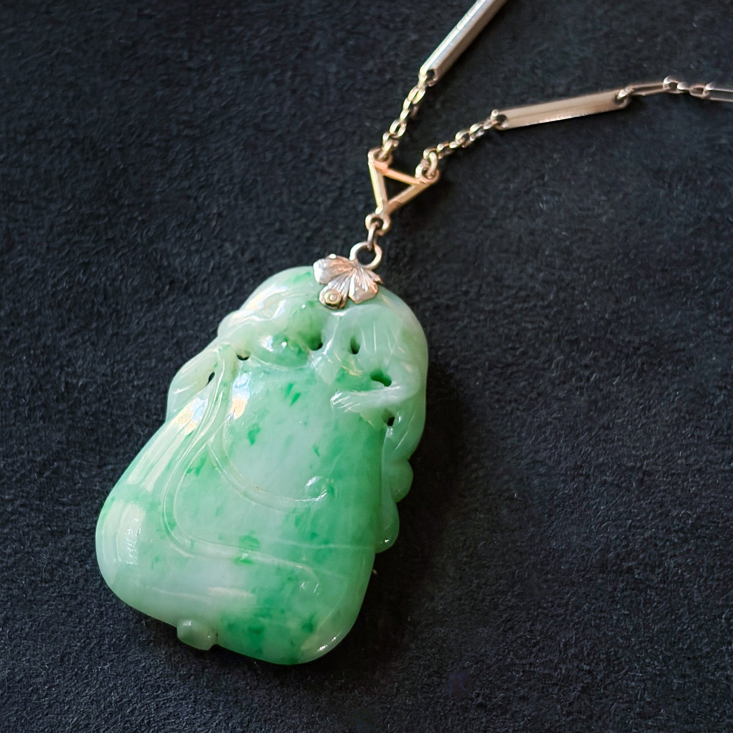 Estate Large Elongated Jadeite Pendant Necklace with Satellite Jadeite Ball 14kt Gold Chain