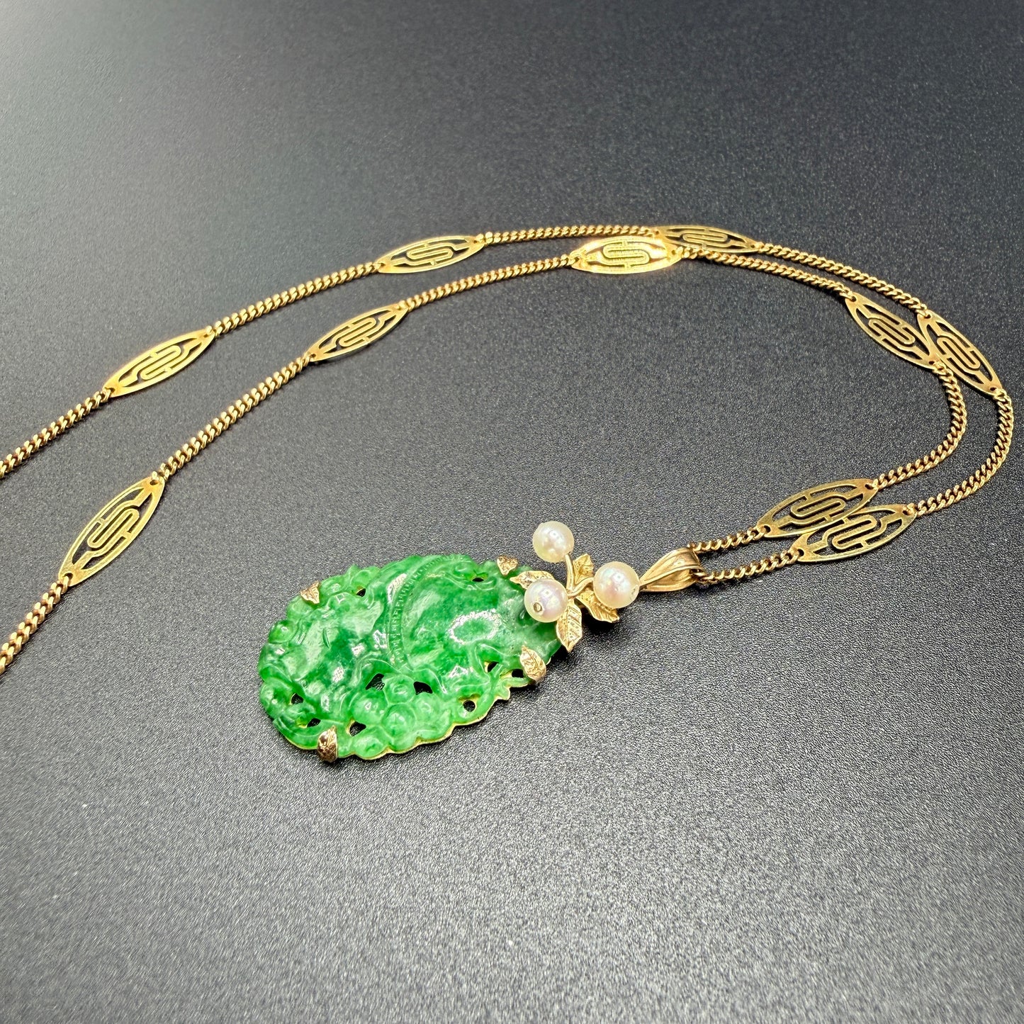 Ming's Teardrop Jade Pendant and 14k Gold Filigree Necklace