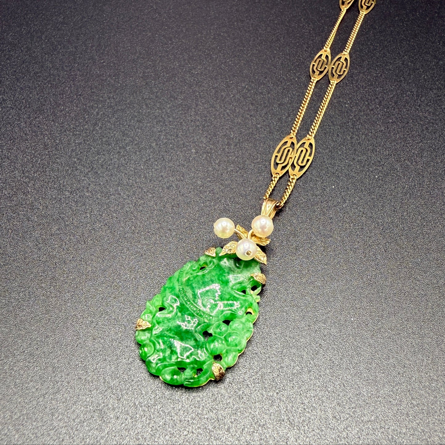 Ming's Teardrop Jade Pendant and 14k Gold Filigree Necklace