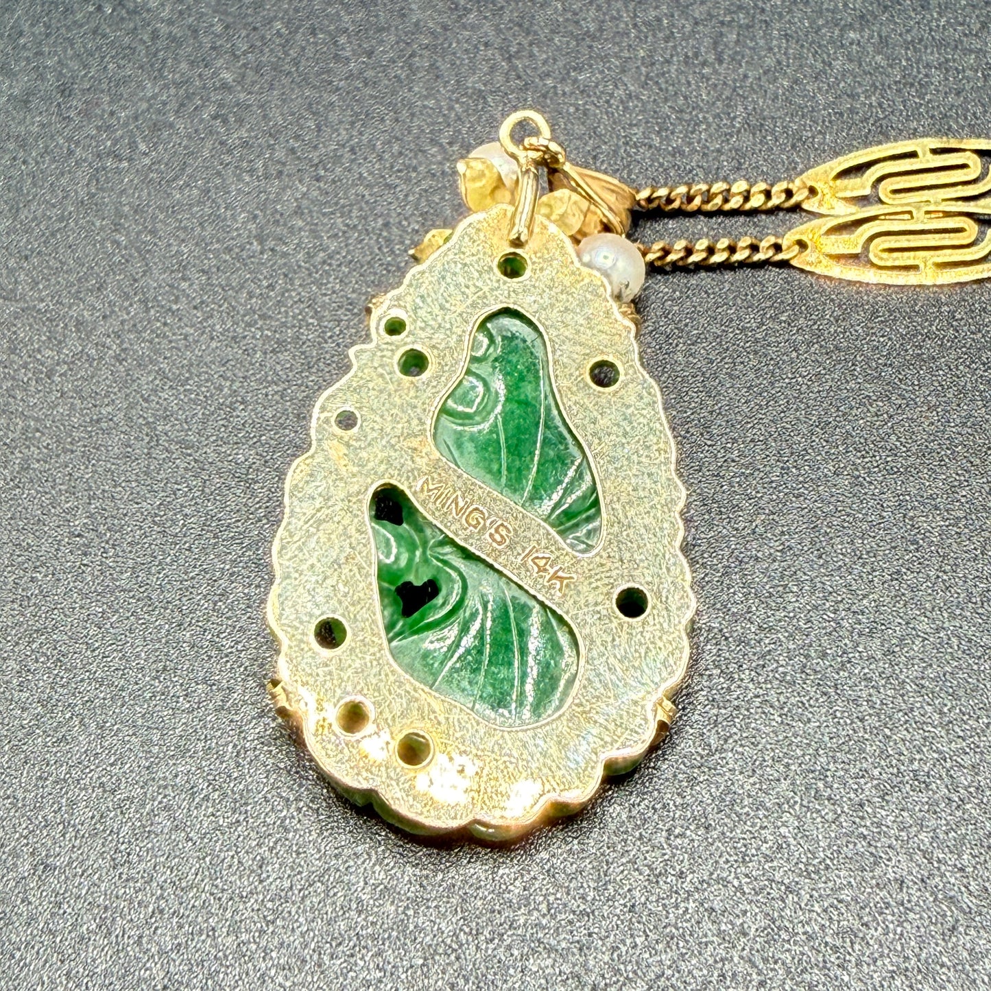 Ming's Teardrop Jade Pendant and 14k Gold Filigree Necklace