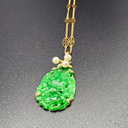 Ming's Teardrop Jade Pendant and 14k Gold Filigree Necklace