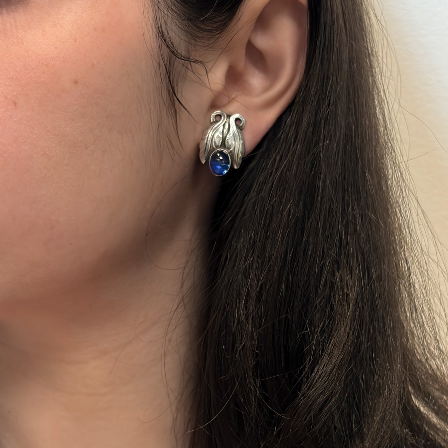 Estate Pair of Georg Jensen Sterling Earrings with Synthetic Sapphire no 108