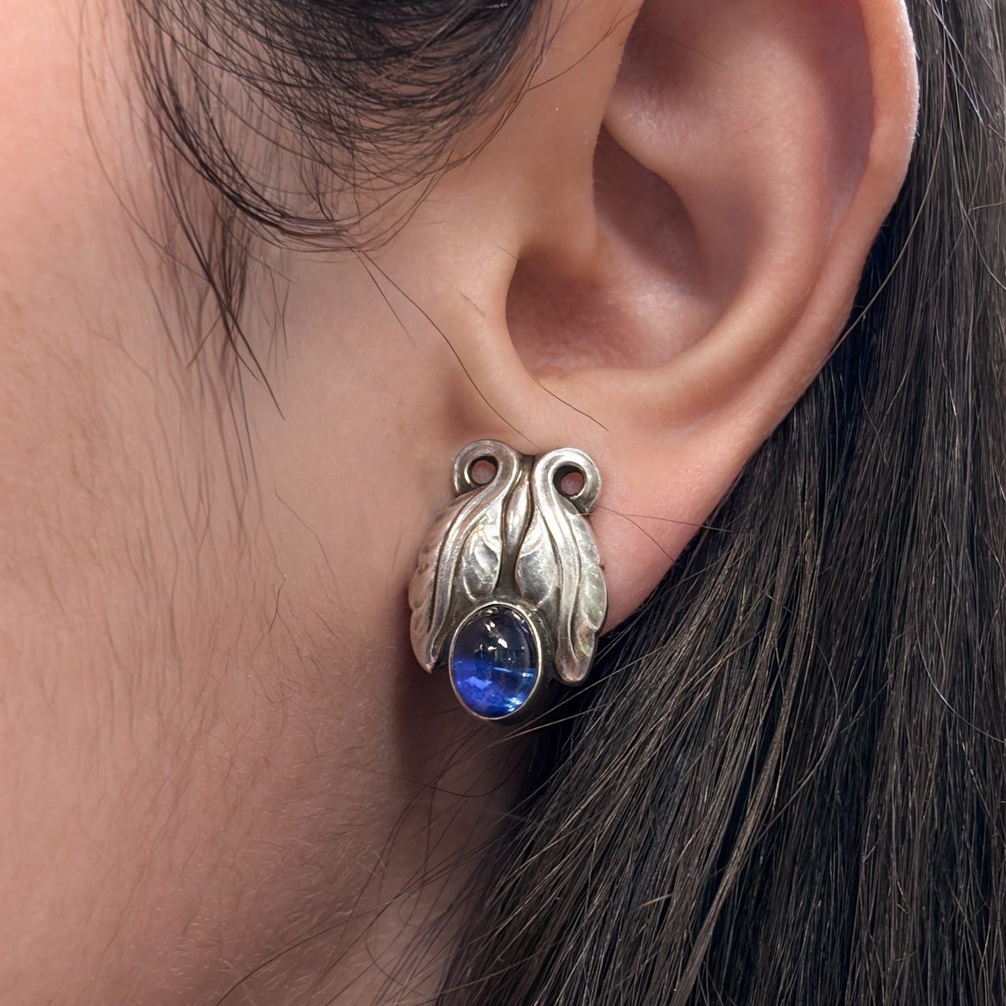 Estate Pair of Georg Jensen Sterling Earrings with Synthetic Sapphire no 108