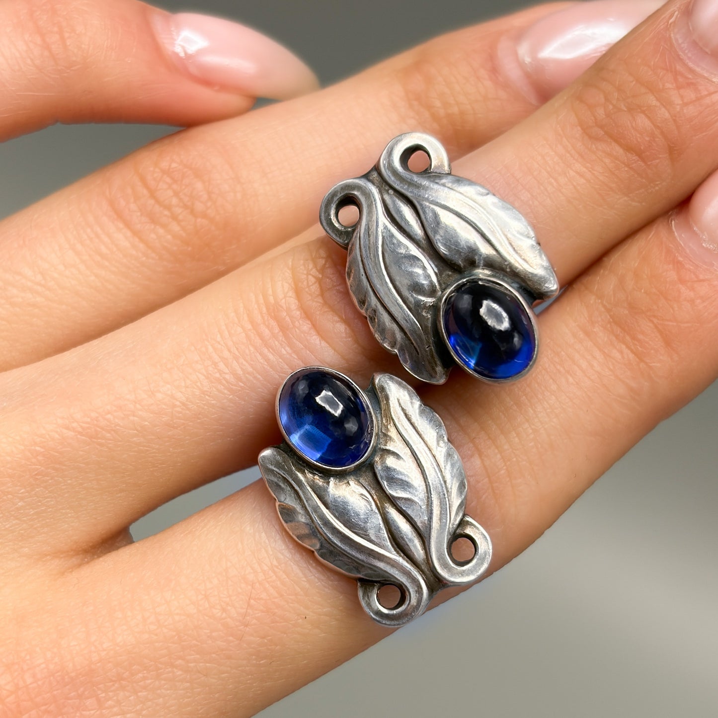Estate Pair of Georg Jensen Sterling Earrings with Synthetic Sapphire no 108