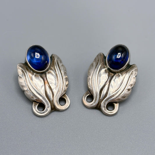 Estate Pair of Georg Jensen Sterling Earrings with Synthetic Sapphire no 108