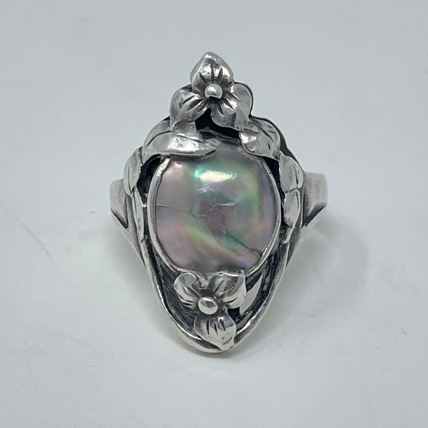 Estate Kalo Hand Wrought Sterling Silver Art Nouveau Blister Pearl Ring by Bjarne Axness