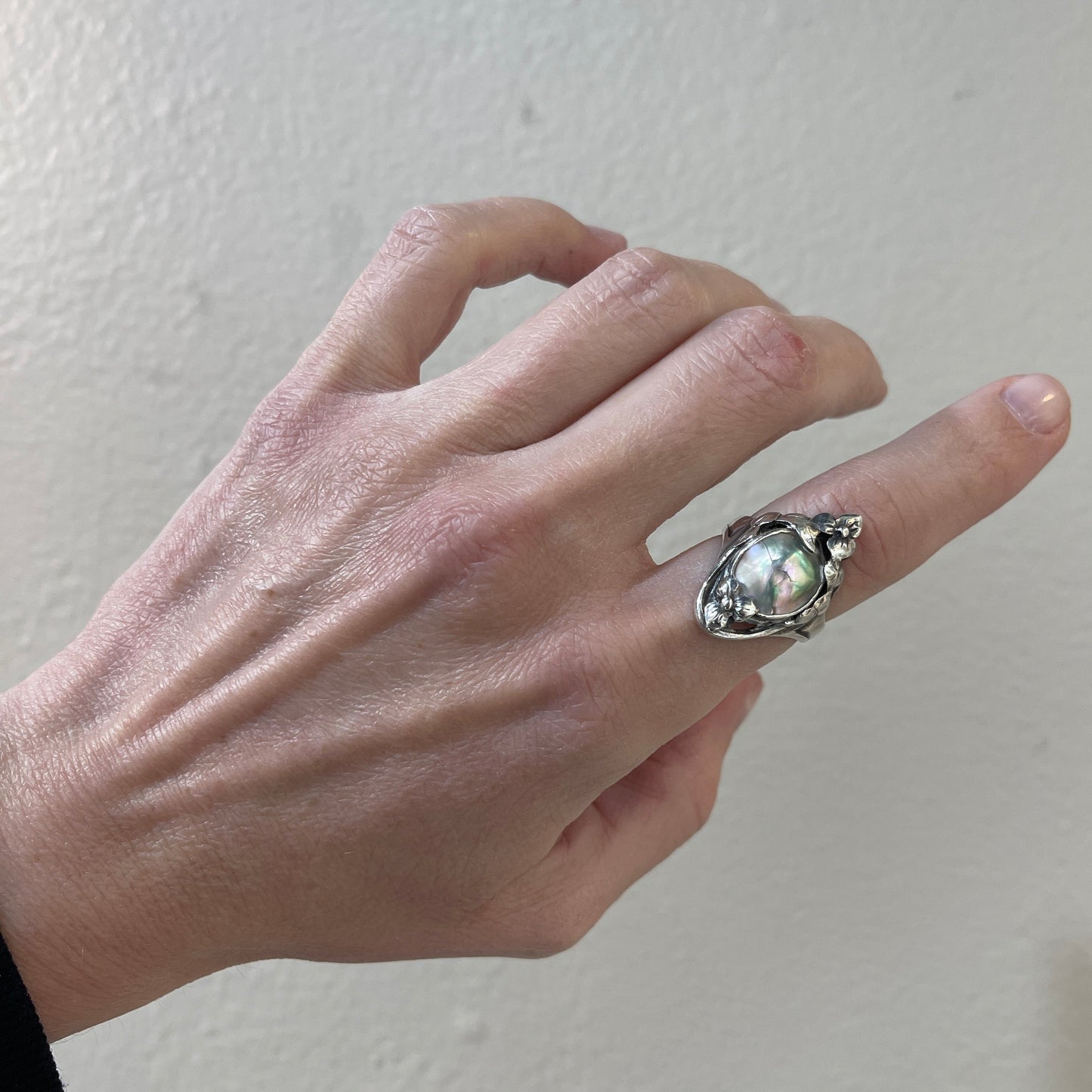 Estate Kalo Hand Wrought Sterling Silver Art Nouveau Blister Pearl Ring by Bjarne Axness