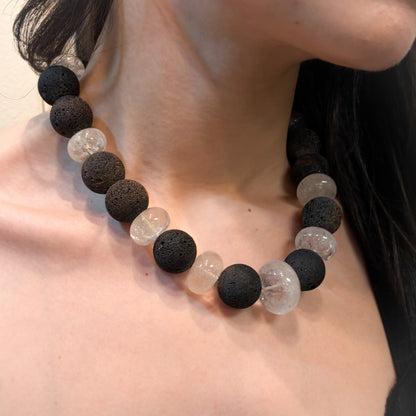 Estate Lava and Rock Quartz Crystal Chunky Beaded Necklace w Sterling Silver Clasp - Rustic
