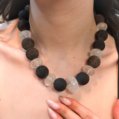 Estate Lava and Rock Quartz Crystal Chunky Beaded Necklace w Sterling Silver Clasp - Rustic
