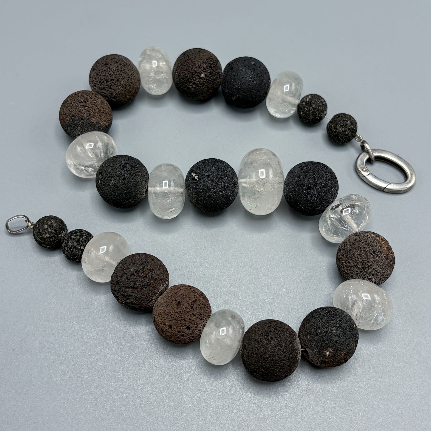 Estate Lava and Rock Quartz Crystal Chunky Beaded Necklace w Sterling Silver Clasp - Rustic