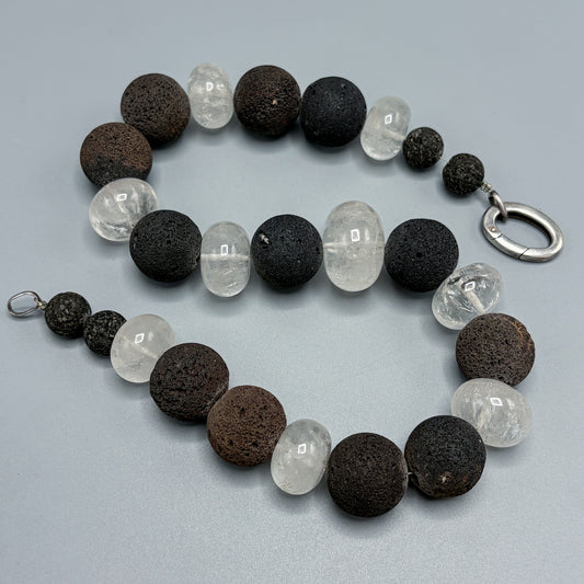 Estate Lava and Rock Quartz Crystal Chunky Beaded Necklace w Sterling Silver Clasp - Rustic