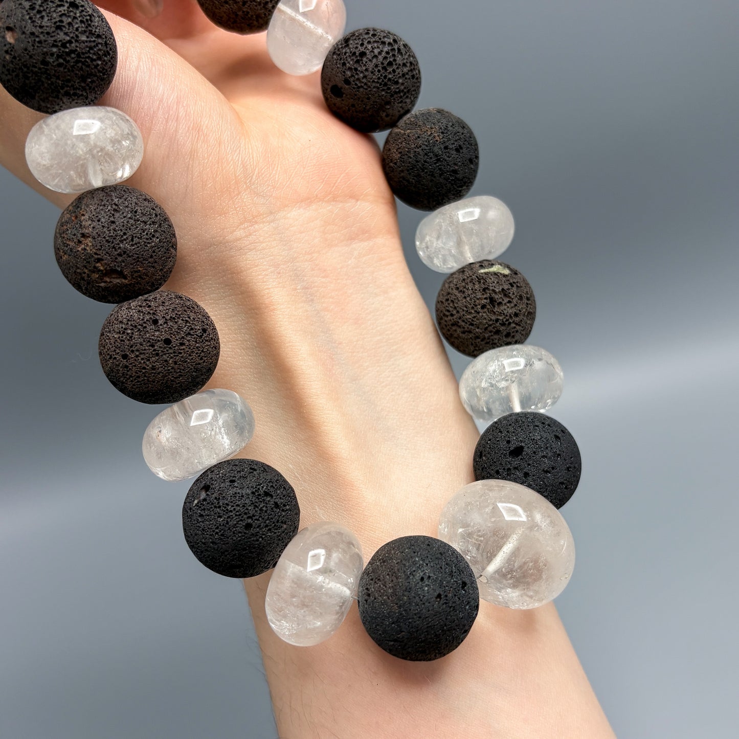 Estate Lava and Rock Quartz Crystal Chunky Beaded Necklace w Sterling Silver Clasp - Rustic