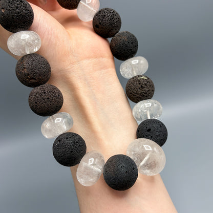Estate Lava and Rock Quartz Crystal Chunky Beaded Necklace w Sterling Silver Clasp - Rustic
