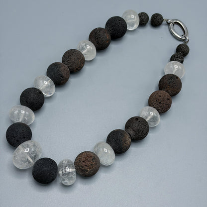 Estate Lava and Rock Quartz Crystal Chunky Beaded Necklace w Sterling Silver Clasp - Rustic