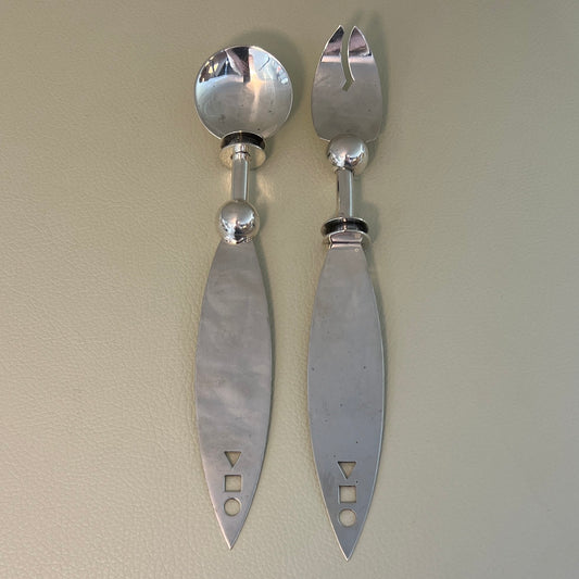 Mardi Jo Cohen Handmade All Sterling Silver Memphis Design Dessert Fork and Dessert Spoon Set with Geometric Pattern