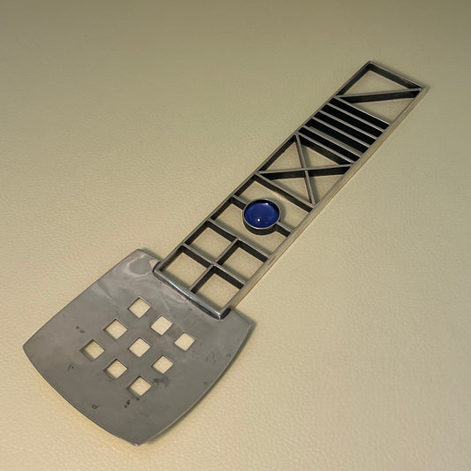 Mardi Jo Cohen Handmade Sterling Silver, Formica, & Glass Cabochon Memphis Design Serving Fork & Spoon Featuring Open Geomtric Pattern