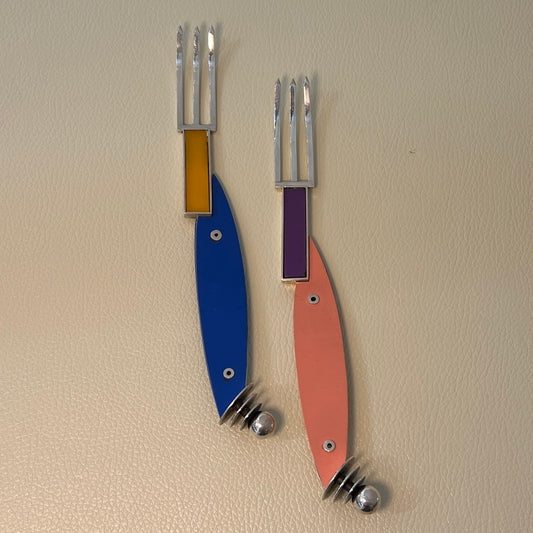 Mardi Jo Cohen Handmade Sterling Silver, Formica, & Plexiglass 3 Tine Memphis Design Dessert Forks 3 Pieces in Blue, Salmon, and White