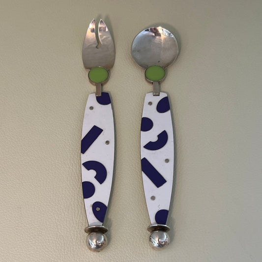 Mardi Jo Cohen Handmade Sterling Silver, Formica, & Plexiglass Memphis Design Dessert Fork and Dessert Spoon Set in White and Purple