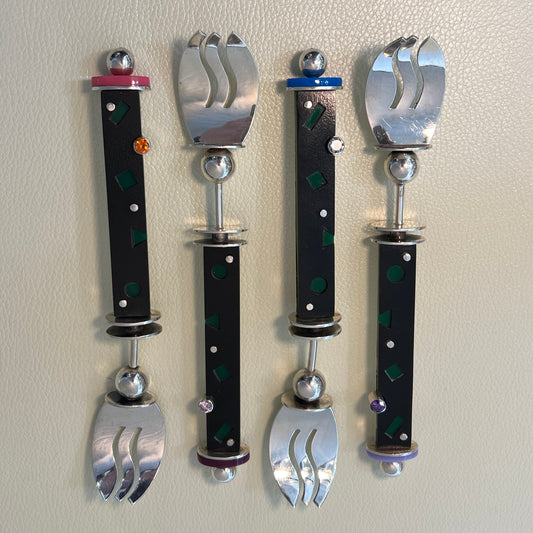 Mardi Jo Cohen Handmade Sterling Silver, Formica, & Rhinestone Memphis Design Forks 23 Pieces