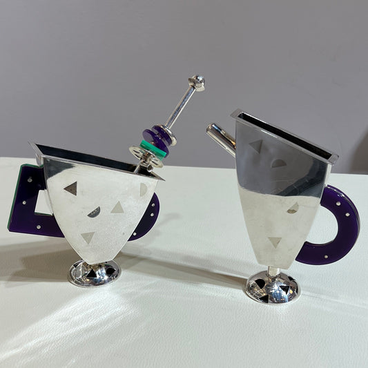 Mardi Jo Cohen Handwrought Sterling Silver & Plexiglass 3 Piece Set Memphis Design Creamer and Open Sugar Bowl with Spoon