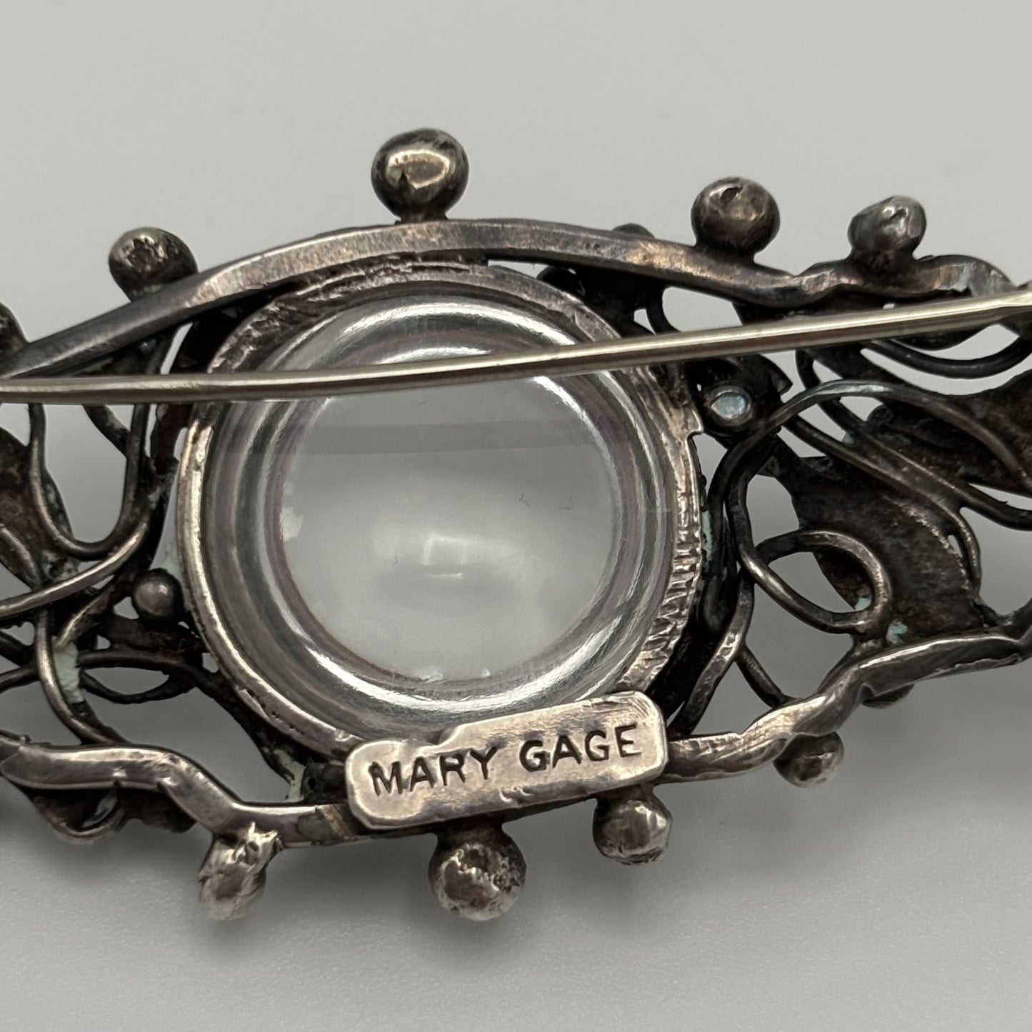Estate Sterling Silver Vintage Signed Mary Gage Hand Wrought Brooch with Rock Crystal