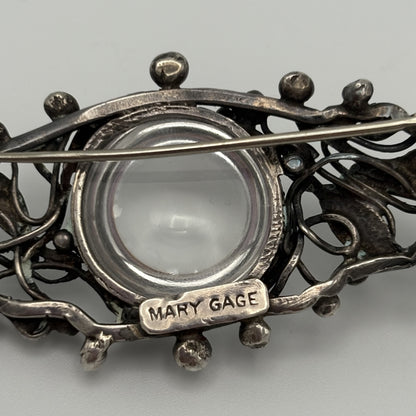 Estate Sterling Silver Vintage Signed Mary Gage Hand Wrought Brooch with Rock Crystal
