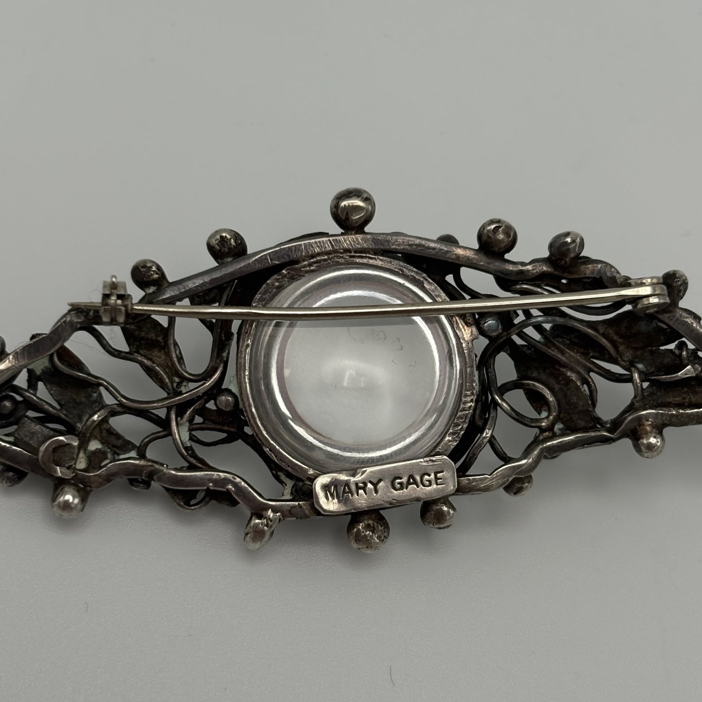 Estate Sterling Silver Vintage Signed Mary Gage Hand Wrought Brooch with Rock Crystal