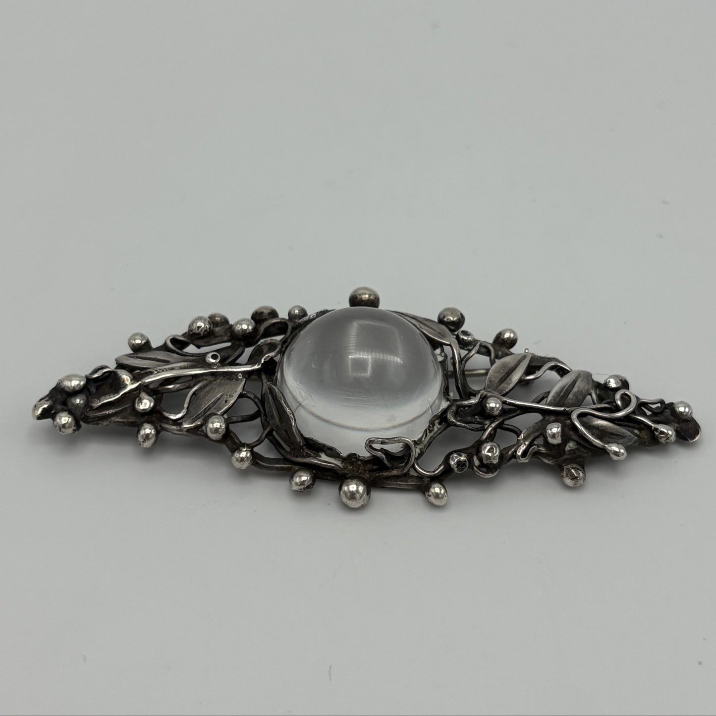 Estate Sterling Silver Vintage Signed Mary Gage Hand Wrought Brooch with Rock Crystal