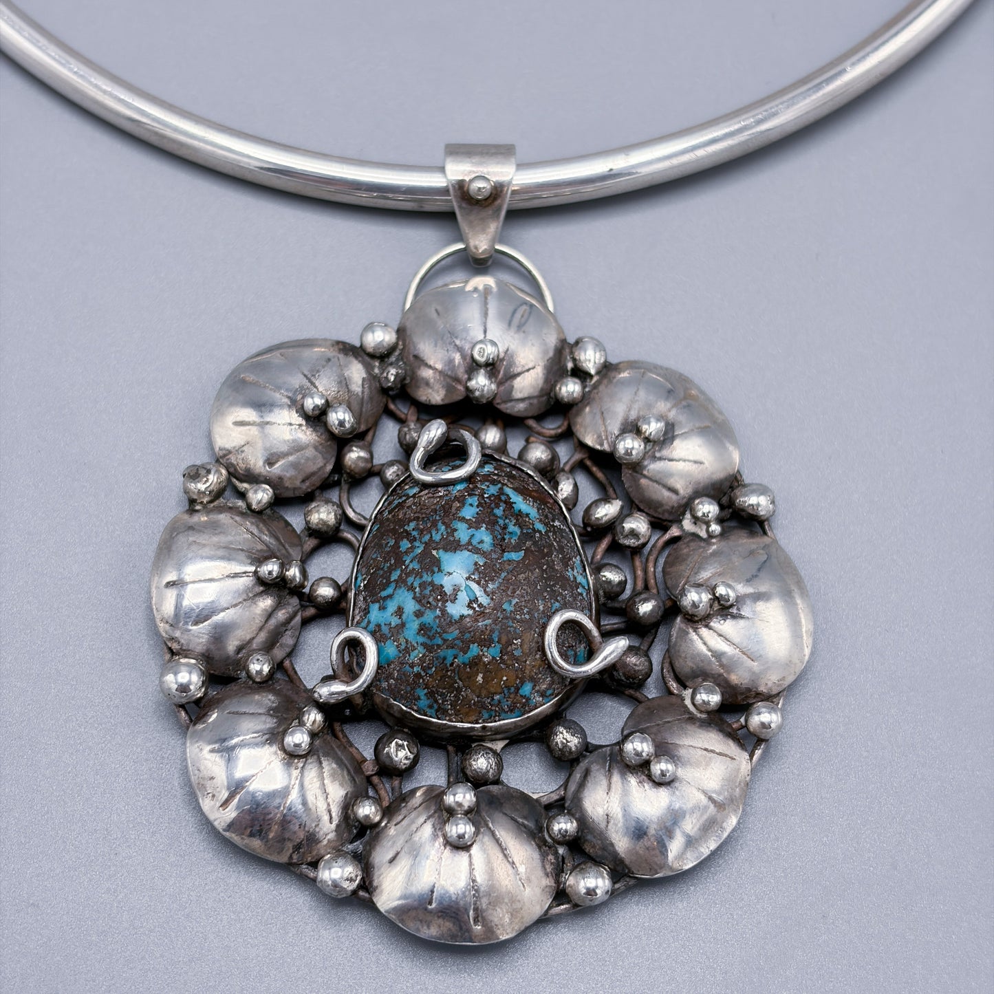 Estate Sterling Silver Mary Gage Collar Necklace with Spider Vein Natural Turquoise Bisbee