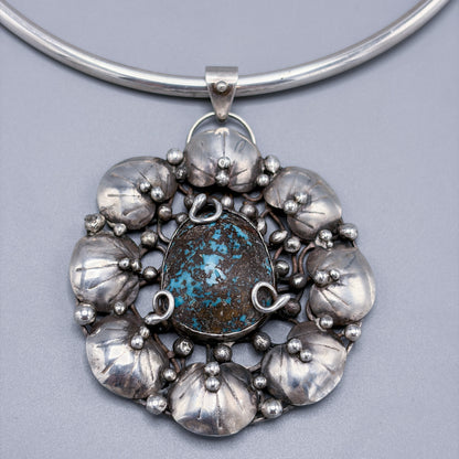 Estate Sterling Silver Mary Gage Collar Necklace with Spider Vein Natural Turquoise Bisbee