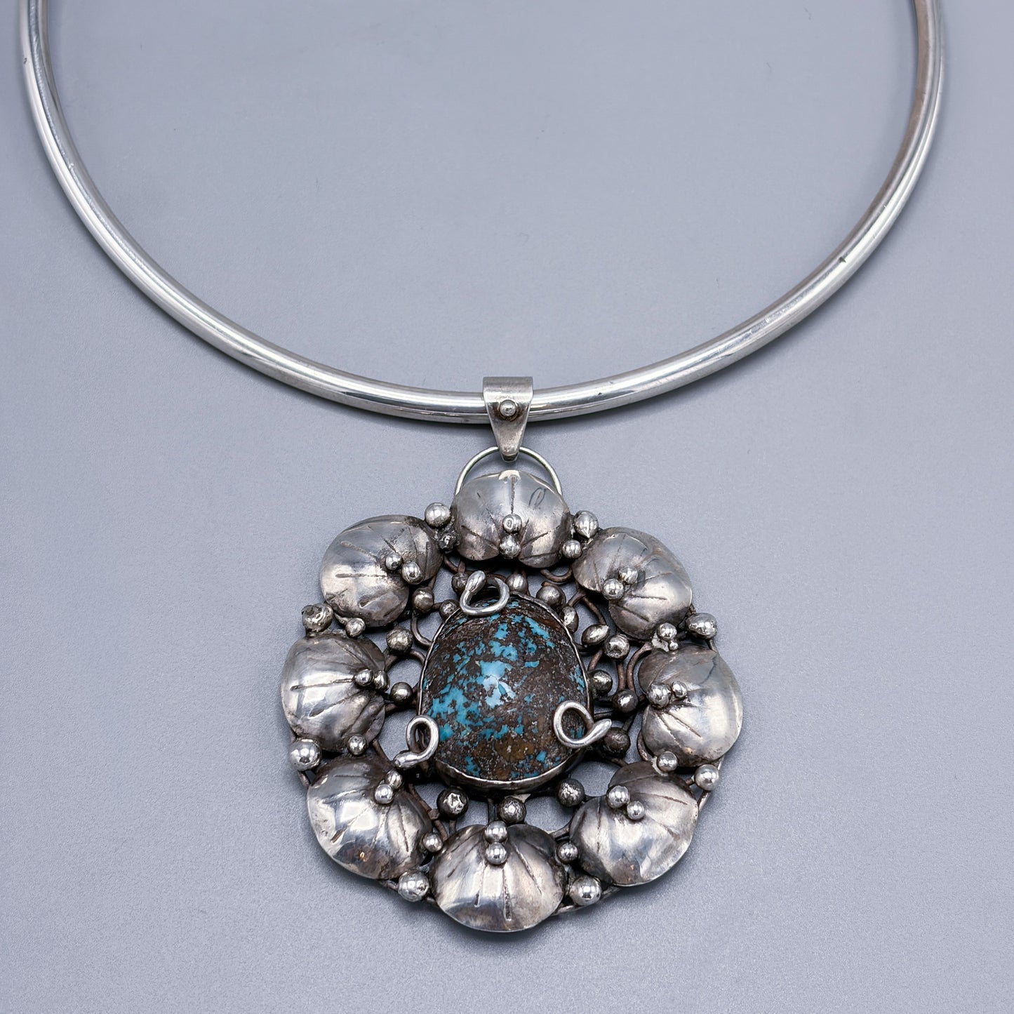 Estate Sterling Silver Mary Gage Collar Necklace with Spider Vein Natural Turquoise Bisbee