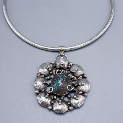Estate Sterling Silver Mary Gage Collar Necklace with Spider Vein Natural Turquoise Bisbee