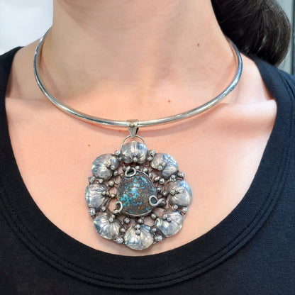 Estate Sterling Silver Mary Gage Collar Necklace with Spider Vein Natural Turquoise Bisbee