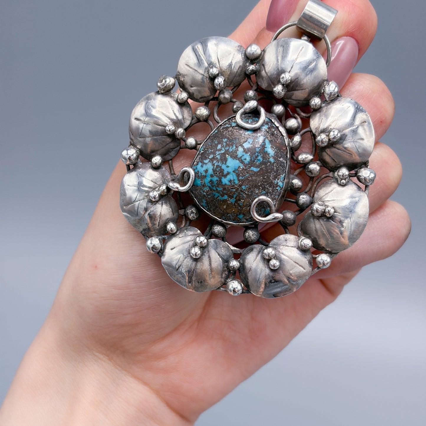 Estate Sterling Silver Mary Gage Collar Necklace with Spider Vein Natural Turquoise Bisbee