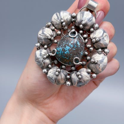 Estate Sterling Silver Mary Gage Collar Necklace with Spider Vein Natural Turquoise Bisbee