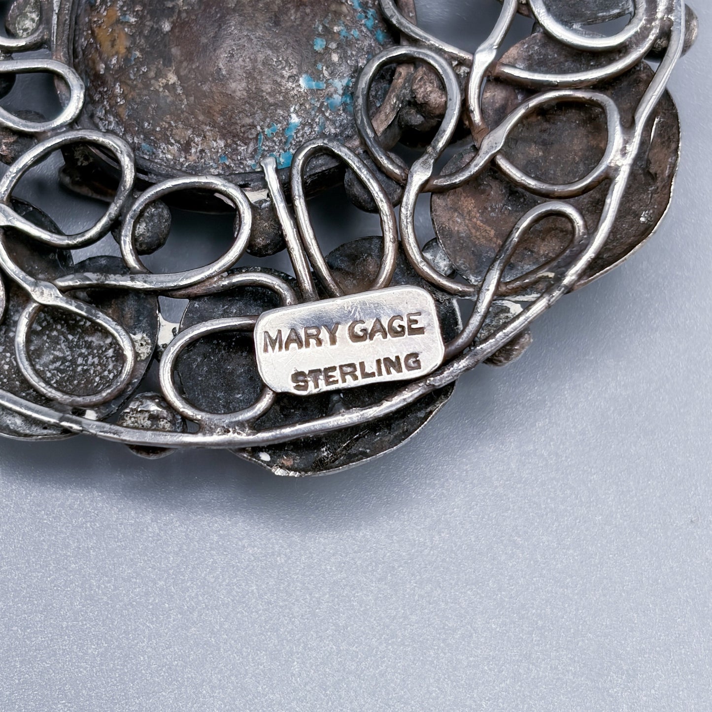 Estate Sterling Silver Mary Gage Collar Necklace with Spider Vein Natural Turquoise Bisbee